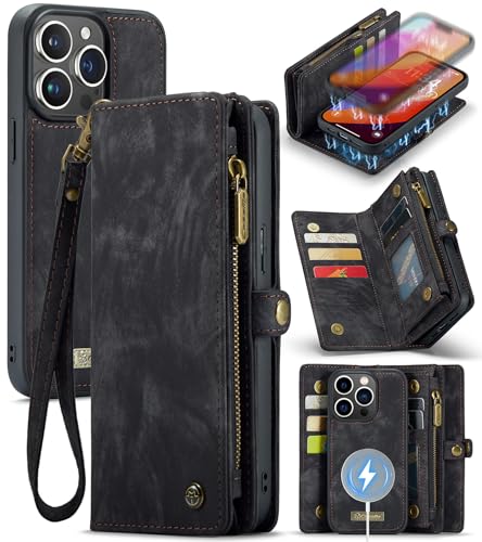 iPhone 15 Pro Wallet Case,iPhone 15 Pro Zipper Folio Leather Case Wallet with Card Holder,Strap Wristlet,Detachable Magnetic Protective Back Case for iPhone 15 Pro 5G 6.1 Inch (Black) - color: Black, size: iPhone 15 Pro 6.1"