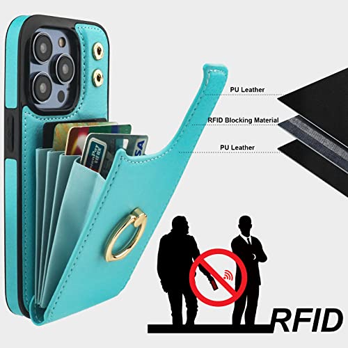 Folosu Compatible with iPhone 14 Pro Case Wallet with Card Holder, 360°Rotation Finger Ring Holder Kickstand, RFID Blocking Leather Protective Double Buttons Shockproof Cover 6.1 Inch Green - color: Mint Green, size: iPhone 14 Pro