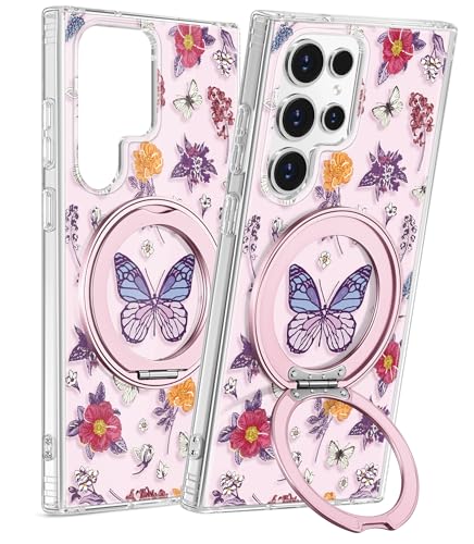 for Samsung Galaxy S24 Ultra Case with Stand - Cute Soft TPU Clear Phone Cover for Women Girls Compatible with Magsafe Girly Unique Design with Magnetic Ring for S24 Ultra, Purple Butterfly - color: Purple Butterfly, size: for Samsung Galaxy S24 Ultra