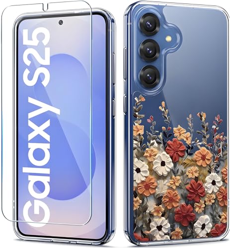 for Samsung Galaxy S25 Case Clear,Galaxy S25 Cases Floral with Screen Protector [Camera Protection] Slim Shockproof Cover for Samsung S 25 Phone case for Women, Clear for s25 case Flower Design - color: Flowers, size: S25 Case