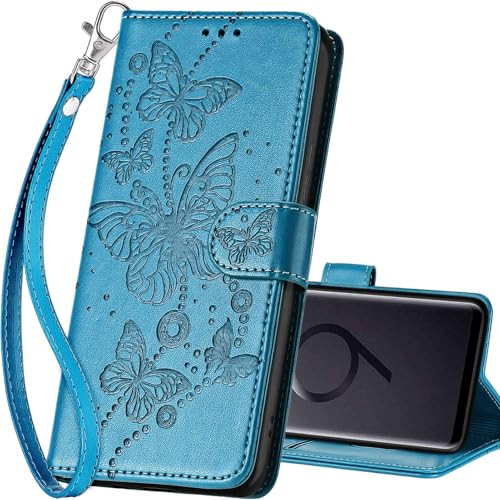 for Samsung Galaxy S9 Plus Wallet case, Blue-Butterfly | 3 Card Holders, Kickstand, Shockproof TPU Shell, PU Leather, Magnetic Closure, Protective Flip Folio Cover, Women - color: 8