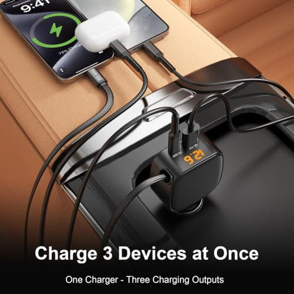 93W Retractable Car Charger USB C, Compact 3-Port Fast Charging