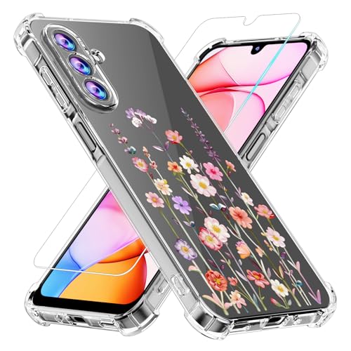 Phone Case for Samsung Galaxy A17 5G Case, Samsung A17 5G Case with Tempered Glass Screen Protector, Soft Flexible TPU Slim Fit Shockproof Phone Cover for Women Men Girl Boy (Clear-Colorful) - color: Clear-Colorful