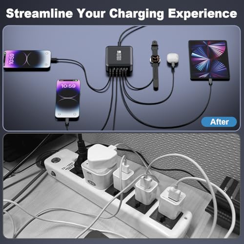 USB C Fast Charger Block, 120W 6-Port Charging Station Hub Adapter, USB C Wall Multi Charger Power Strip Plug with On/Off Switch for iPad iPhone 17 16 15 14 13 12 Pro Max Galaxy S23 (Black) - color: Black