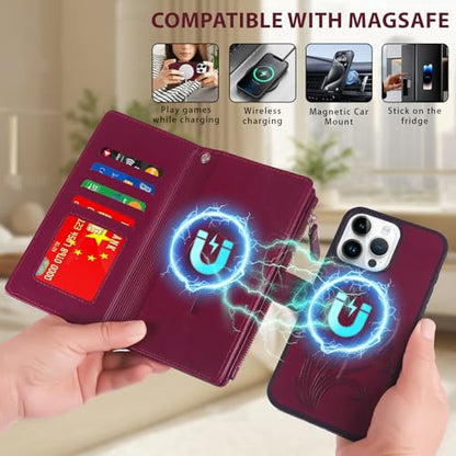 for iPhone 16e/17e Case Wallet,Compatible with MagSafe Magnetic 2 in 1 Magnetic Detachable PU Leather RFID Blocking Wallet Cover Card Holder Zipper Wrist Strap Lanyard,Floral Wine Red - color: Wine Red