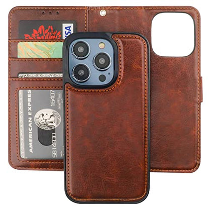Bocasal Detachable Wallet Case Card Holder for iPhone 14 Pro, Brown | RFID Blocking Kickstand Card Slots Holder PU Leather Magnetic Shockproof Wrist Strap Removable Flip Protective Cover 6.1 inch - color: Brown