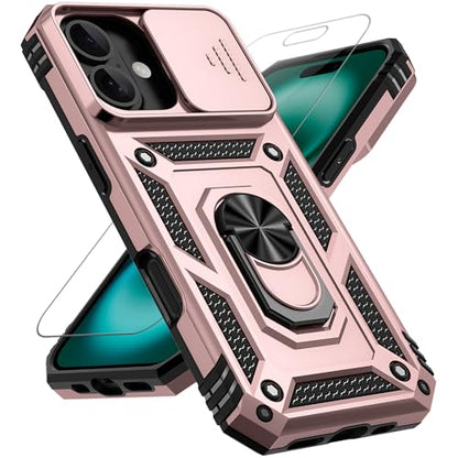 for iPhone 17 Case, with Slide Camera Cover HD Screen Protector [Military Grade 16ft. Drop Tested] Ring Holder Kickstand Protective Phone Case for Apple iPhone 17, Rose Gold - color: Rose Gold w/ Slide Camera 2nd gen. Military Grade