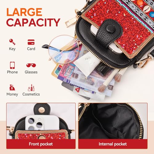 Women's Small Crossbody Cell Phone Bag, Boho Colorful Beaded Purse Wallet with Handmade Cute Patterns - color: Red