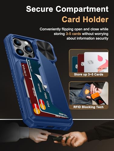 Vihibii for iPhone 13 Pro Case Wallet with Card Holder (4 Cards), Blue | RFID Blocking, Slide Lens Camera Cover, Military Grade Drop Protection, Raised Edges Protect Screen, Ditch the bulky bag - color: Blue, size: iPhone 13 Pro