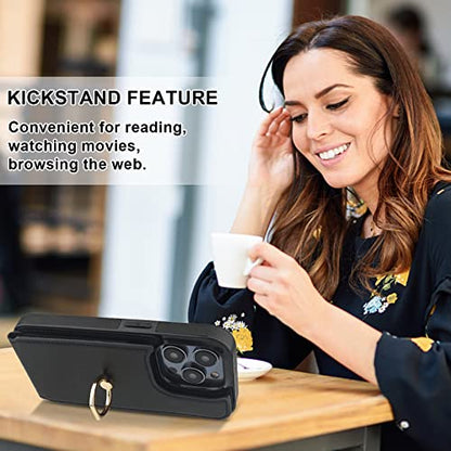 Folosu Compatible with iPhone 14 Pro Case Wallet with Card Holder, 360°Rotation Finger Ring Holder Kickstand, RFID Blocking Leather Protective Double Buttons Shockproof Cover 6.1 Inch Black - color: Black, size: iPhone 14 Pro