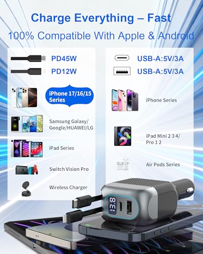 87W Retractable Car Charger, Cigarette Lighter USB Charger for iPhone 17