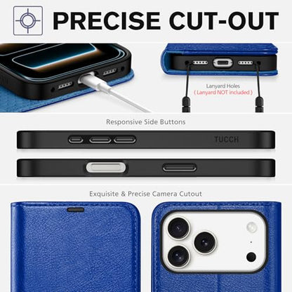 TUCCH Wallet Case for iPhone 17 Pro Max (6.9") 2025, Flip Stand, Klein Blue | RFID Blocking, 4 Card Holders, Kickstand, PU Leather, Shockproof TPU Shell, Magnetic Closure, Protective Folio Cover - color: Textured Klein Blue