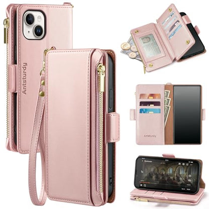 Antsturdy for iPhone 14 Plus Phone Wallet Case Women,Rose Gold | RFID Blocking,with Credit Card Holder Slots,PU Leather Purse,Zipper Pocket,Wrist Strap Kickstand,Flip Folio Cover for Men - color: Rose Gold