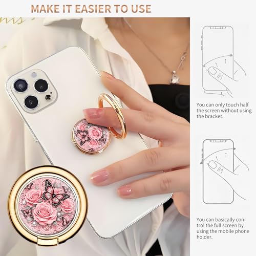 Cell Phone Ring Holder, Cute Metal Phone Grip Stand Finger Ring Kickstand, Flexible 360°Rotation Phone Tablet Case Accessories Compatible with Most Phones Pink Rose Butterfly - color: Pink Rose Butterfly