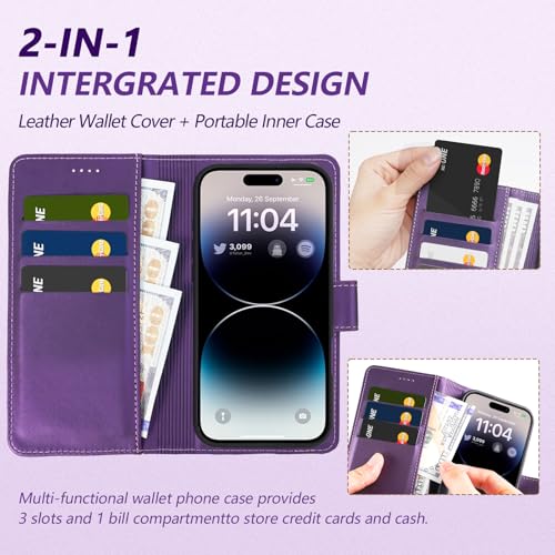 2 in 1 PU Leather for iPhone 17 Case, Detachable Wallet Case with Card Holder, Removable Flip Folio Cover with RFID Blocking, Stand Shockproof Phone Cover（Compatible with MagSafe） Purple - color: Purple, size: Iphone 17