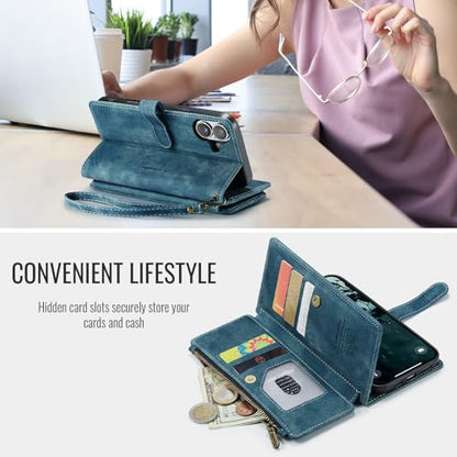 Compatible with iPhone 17 Wallet Case with Card Holder Kickstand Magnetic Zipper Pocket Lanyard Strap Wristlet,Leather Flip Case Wallet for iPhone 17 6.3 Inch (Blue) - color: Blue, size: iPhone 17 6.3 Inch