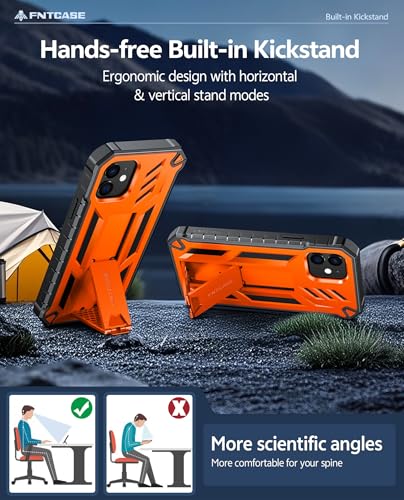 FNTCASE for iPhone 12 Phone Case: for iPhone 12 Pro Phone Case Military Grade Drop Proof Rugged Protective Cover with Kickstand | Matte Textured Shockproof TPU Hybrid Bumper Cases 6.1 inch - Orange | 20FT Military-Grade Drop Protection, Anti-Slip Matte Te