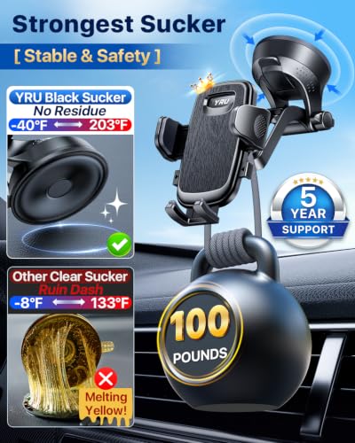 YRU 2026【100+LBS Suction & Flexible Low-Profile Arm】 Car Phone Holder Mount - color: Dark Black