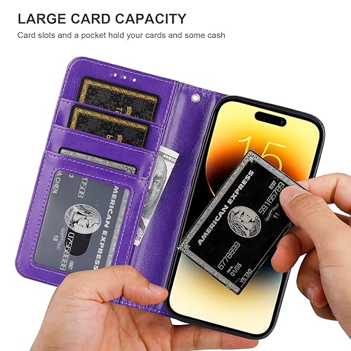 Bocasal Detachable Wallet Case Card Holder for iPhone 15 Pro, Purple | RFID Blocking Kickstand Card Slots Holder PU Leather Magnetic Shockproof Wrist Strap Removable Flip Protective Cover 6.1 inch - color: Purple