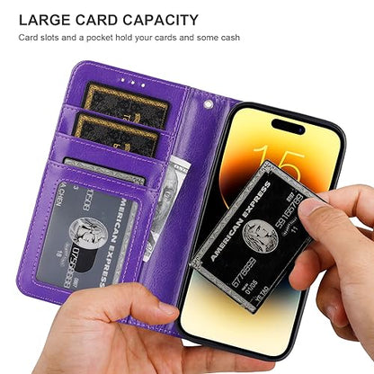 Bocasal Detachable Wallet Case Card Holder for iPhone 15 Pro, Purple | RFID Blocking Kickstand Card Slots Holder PU Leather Magnetic Shockproof Wrist Strap Removable Flip Protective Cover 6.1 inch - color: Purple