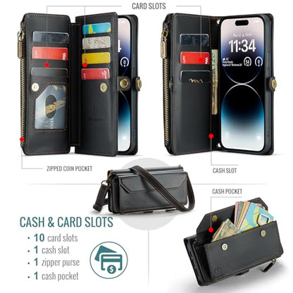 Strapurs Wallet Case Compatible with iPhone 14 Pro Max RFID Blocking 10-Card Holder Soft PU Leather Magnetic Snap Shoulder Strap Zipper Pocket Phone Case Fit for iPhone 14 Pro Max - Black | RFID Blocking 10-Card Holder, Shoulder Lanyard, Wirst Strap, Zipp