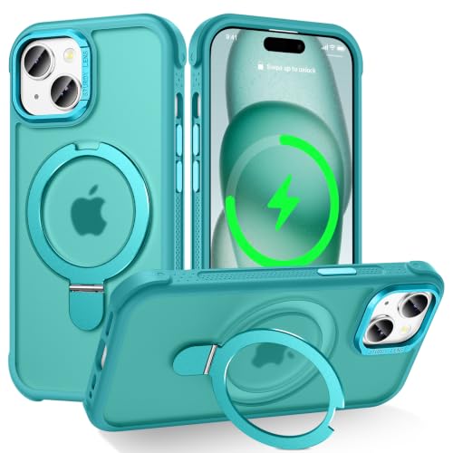 Designed for iPhone 15 Case with Magnetic Stand, Darkcyan | Certified Drop Protection, Great Grip Feeling, Matte Translucent Back Slim Shockproof Phone Cover - color: Darkcyan, size: Iphone 15