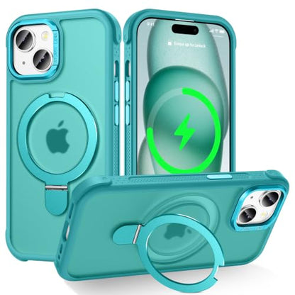 Designed for iPhone 15 Case with Magnetic Stand, Darkcyan | Certified Drop Protection, Great Grip Feeling, Matte Translucent Back Slim Shockproof Phone Cover - color: Darkcyan, size: Iphone 15