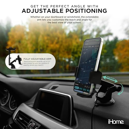 iHome Car Mount, Dashboard/Windshield/Vent Mount, Swivel Neck, Silicone Grip, Adjustable Mount Arm with Suction Cup Base (Wireless Charging Car Mount) - style: Wireless Charging Car Mount