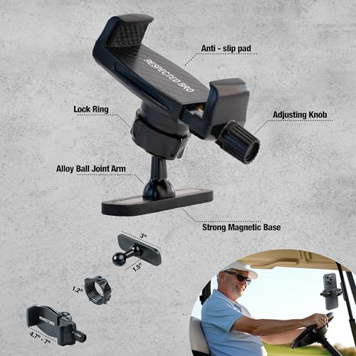 Magnetic Golf Cart and Gym Phone Holder, Adjustable 360° Secure Golf Phone Mount Caddy, Compatible with iPhone/Samsung/Pixel and Smartphones, Golf Cart Accessories, Gym and Workout Accessories