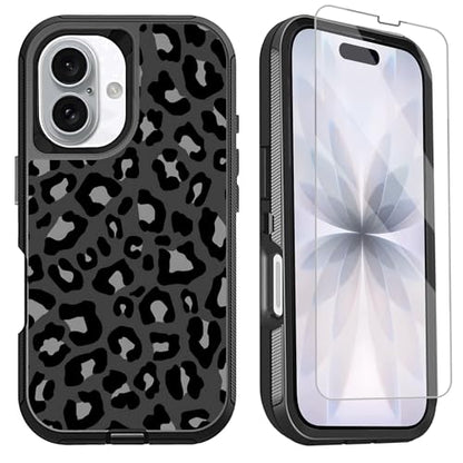 for iPhone 17 Case with Screen Protector Cute Black and Grey Leopard Print Design, Full Body Rugged Heavy Duty Shockproof Cheetah Phone Case for iPhone 17, 6.3inch - color: Black White