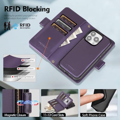 Antsturdy Compatible with MagSafe iPhone 14 Pro Wallet Case,Purple | Detachable Magnetic Credit Card Holder,RFID Blocking,PU Leather Zipper Purse,Wrist Strap Kickstand,Flip Phone Cover for Women - color: (Detachable with Magsafe)-Purple