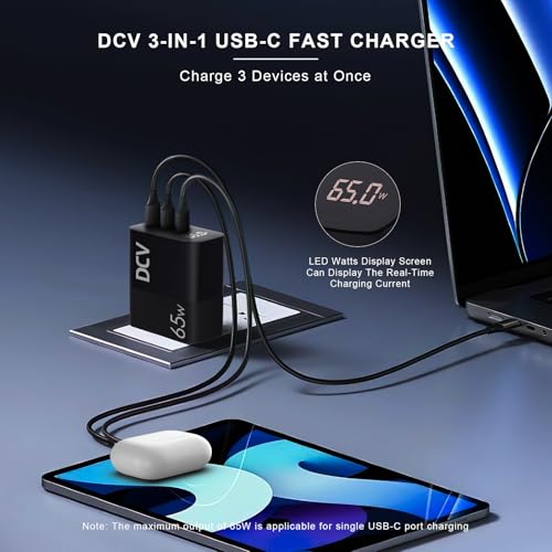 DCV 65W USB C Charger, GaN 3-Port Fast Charging Block with LED Digital Display, PD/PPS/QC 3.0 Foldable Wall Charger for Laptops, MacBook, iPhone 17/16, iPad Pro, Galaxy S23/S22, Note 20, without Cable - color: Black