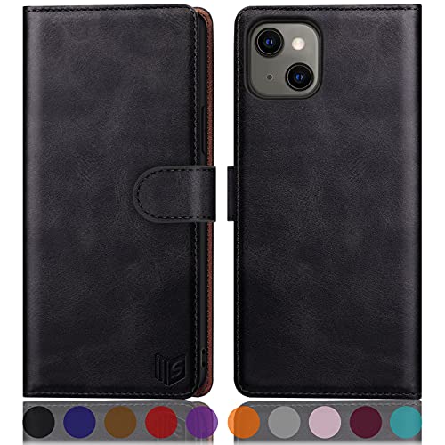 SUANPOT for iPhone 13（Non 13Pro） 6.1 inch 5G with RFID Blocking Wallet case Credit Card Holder,Flip Book PU Leather Phone case Shockproof Cover Cellphone Women Men for Apple 13 case Wallet Black - color: Dark Black Color