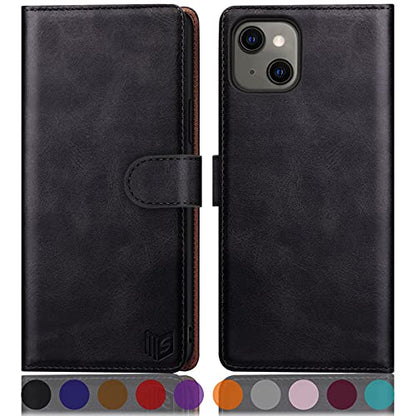 SUANPOT for iPhone 13（Non 13Pro） 6.1 inch 5G with RFID Blocking Wallet case Credit Card Holder,Flip Book PU Leather Phone case Shockproof Cover Cellphone Women Men for Apple 13 case Wallet Black - color: Dark Black Color