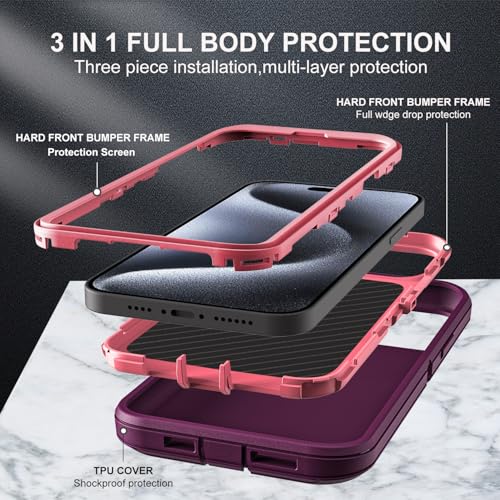 YKHJKLEC for iPhone 15 Pro Case, Compatible with Magsafe, Military Grade 3 in 1 Heavy Duty Shockproof/Drop Proof/Dust Proof Case with 2Pcs Tempered Glass Screen Protector (New-Purple/Pink) - color: New-Purple/Pink