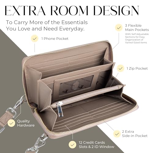 BULL GUARD Crossbody Bag for Women, Leather Phone Wallet Purse with Adjustable Anti Theft Strap & RFID Blocking 12 Card Slots - color: Xtraroom in Soft Grey Whisper Frappe