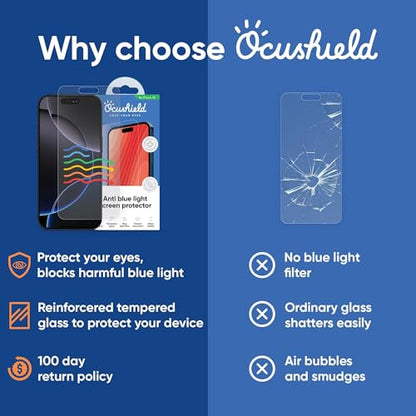 Ocushield Anti Blue Light Tempered Glass Screen Protector of iPhone 17/ iPhone 17 Pro(6.3") – Blocks Blue Light, Prevents Eye Strain & Helps You Sleep Better, 9H Hardness & Case Friendly - size: iPhone 17 Pro (6.3")