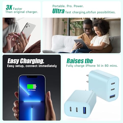 [2-Pack]iPhone 17 Charger Block,35W 3-Port Fast USB Charger Block Wall Plug - color: 2Pack Blue, size: 2Pack