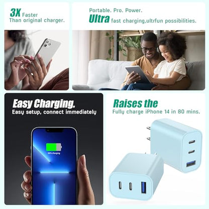 [2-Pack]iPhone 17 Charger Block,35W 3-Port Fast USB Charger Block Wall Plug - color: 2Pack Blue, size: 2Pack