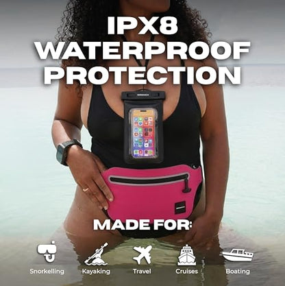 Drench Waterproof Fanny Pack & Floating Phone Pouch | IPX8 Submersible Waist Pack Dry Bag for Beach, Pool, Cruise Travel, Girls Trips, Snorkeling, Kayaking & Water Sports | Pink - color: Hot Pink