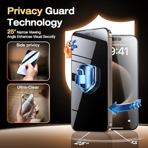 EGV 2 Pack Compatible for iPhone 15 Pro Privacy Screen Protector [6.7 Inch], 9H+ Military Grade Shatterproof Tempered Glass, Dust-Free Alignment Frame, Easy to Install for Beginners, Bubble-Free - size: iPhone 15 Pro
