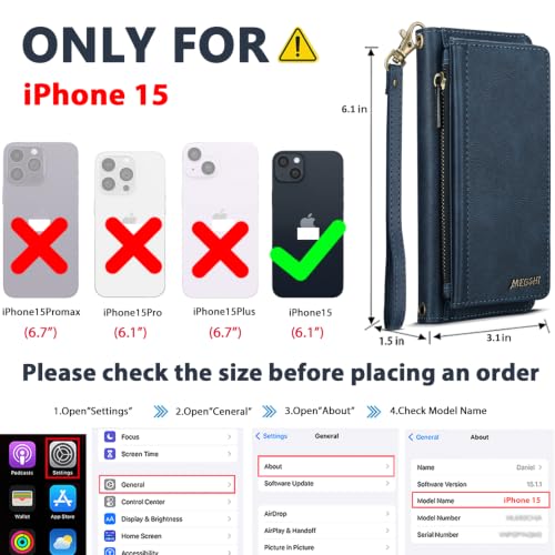 for iPhone 15 Wallet Case, Detachable Magnetic Shockproof Phone Case,Faux Leather Crossbody Wallet,with RFID Blocking，Zipper Card Holder，Shoulder Strap (Dark Blue) - color: Darkblue, size: iPhone 15