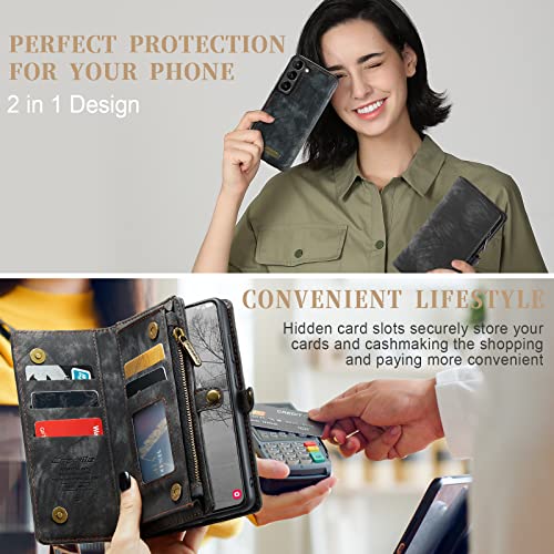 Samsung Galaxy S23 Wallet Case,Zipper Folio Leather Case Wallet with Card Holder Strap Wristlet Detachable Magnetic Protective Back Case for Samsung Galaxy S23 5G 6.1 Inch(Black) - color: Black, size: S23 5G 6.1 Inch