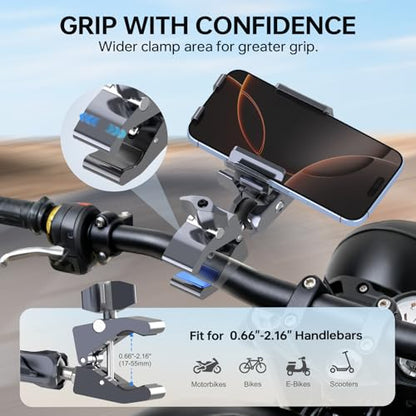Motorcycle Phone Mount, CNC Aluminum Alloy Bike Phone Holder with Vibration Dampener & Dual 360° Ball Head, One-Click Lock Handlebar Clamp for iPhone 17 16 Pro Max Samsung (Mount002)