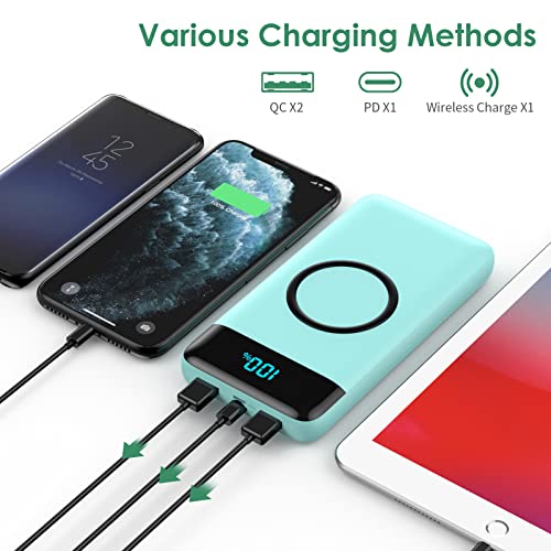 Wireless Portable Charger 30,800mAh,15W Wireless Charging USB C Power Bank,25W PD QC 4.0 Fast Charging 4 Outputs Travel Essentials Battery Pack Compatible with iPhone 17/16/15/14,Galaxy,Android-Green - color: Green