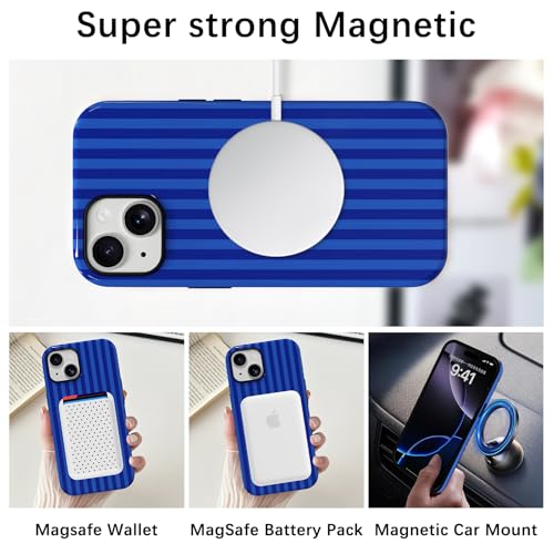 Skyseaco Compatible with iPhone 15 Case with MagSafe, Cute Striped Phone Case for Women Girls, Soft TPU + Hard PC Dual Layer Shockproof Glossy Protective Cover, Navy Blue - color: Navy Blue, size: iPhone 15