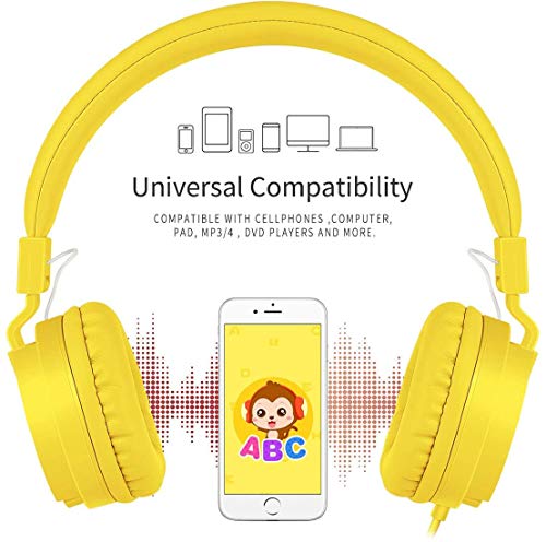 Kids Headphones, Lightweight Stereo Wired Toddler Headphones, Adjustable Headband Children's Headset for Smartphones Computer Pad Earphones(Yellow) - color: Yellow
