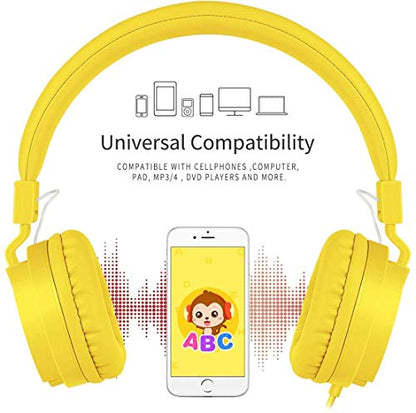 Kids Headphones, Lightweight Stereo Wired Toddler Headphones, Adjustable Headband Children's Headset for Smartphones Computer Pad Earphones(Yellow) - color: Yellow
