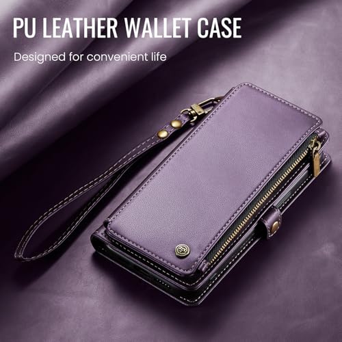 Defencase for iPhone 14 Plus Wallet Case with RFID Card Holder, Purple | Durable Soft PU Leather, with Zipper Pocket, Wrist Strap, Fashion Snap Flip Phone Cases Cover with Stand for Women and Men - color: Purple