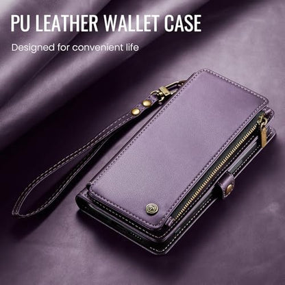Defencase for iPhone 14 Plus Wallet Case with RFID Card Holder, Purple | Durable Soft PU Leather, with Zipper Pocket, Wrist Strap, Fashion Snap Flip Phone Cases Cover with Stand for Women and Men - color: Purple